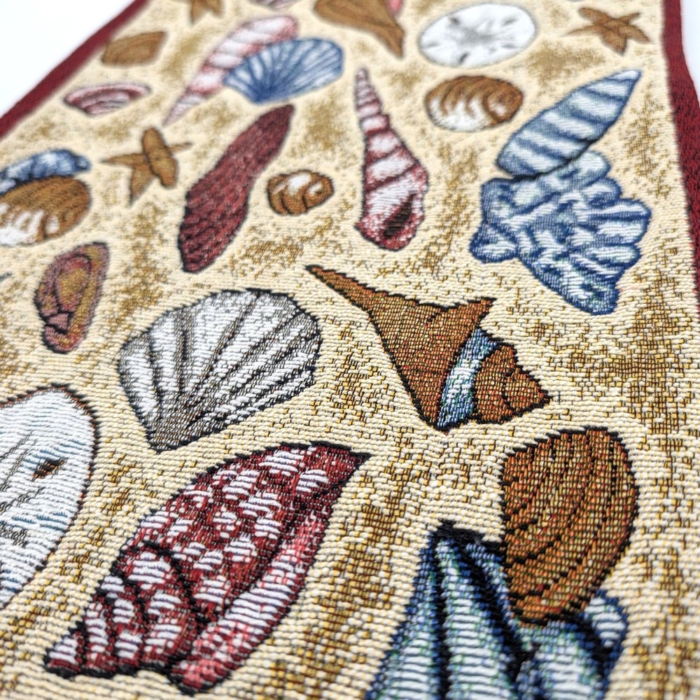 Vintage Coastal Seashell Woven Tapestry Table Runner Nautical Beach Decor